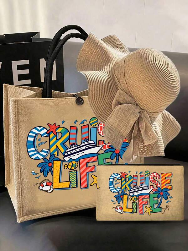 Print With Letters'cruise Life' Portable Totebag And Straw Hat,Large Capacity Handbags And Zippered Storage Bags,Toiletries Storage Bags, Lightweight Coin Wallets,Personalized Tote Bags,Reusable Wear-Resistant Fabric,Suitable For Daily Storage And Is An Ideal Choice For Travelingn,Gift For New Year And Valentine's Day, Wedding Season, Back To School