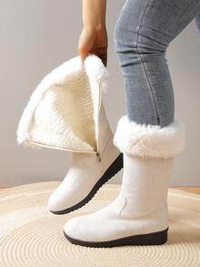 Women's Mid-Calf Snow Boots, Thick Thermal Lining, Wedge Heel, Warm & Soft Material, Side Zipper, Round Toe, Versatile Outdoor Boots For Winter - Black - View 1