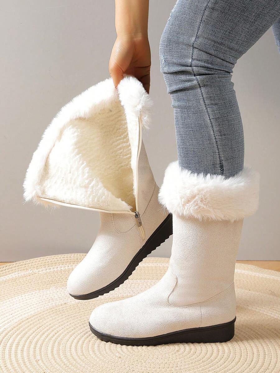 Women's Mid-Calf Snow Boots, Thick Thermal Lining, Wedge Heel, Warm & Soft Material, Side Zipper, Round Toe, Versatile Outdoor Boots For Winter - Black - View 1