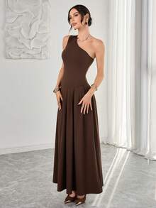Brown Off-Shoulder Asymmetrical Long Dress, Fitted Top And Loose Bottom Design, Elegant For Formal Occasions Like Weddings - Brown - View 4