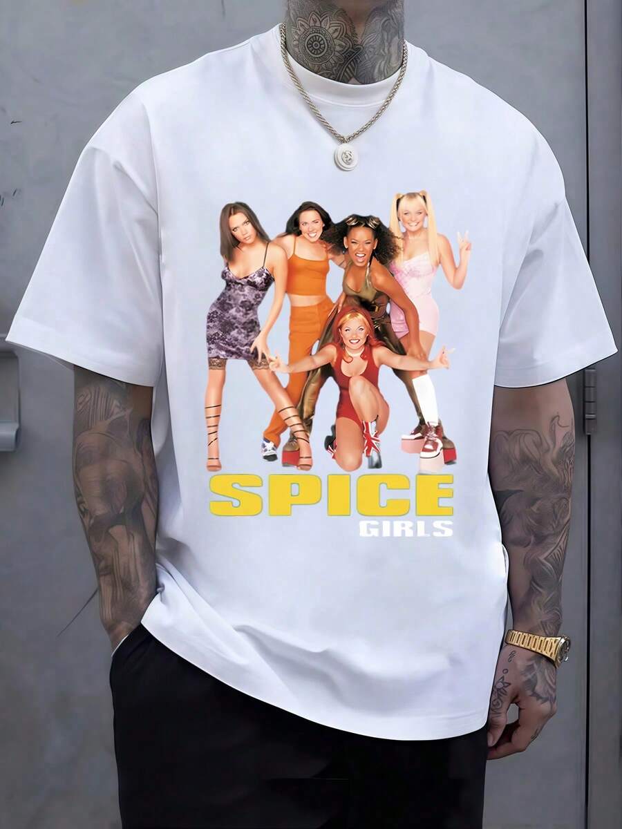 Cinco figuras femeninas posando con energía y actitud representando unión diversidad confianza y alegría en un grupo icónico que inspira poder positivo y estilo urbano moderno camiseta de hombre cómoda de algodón ideal para uso diario y ocasiones casuales - Blanco - Ver 1