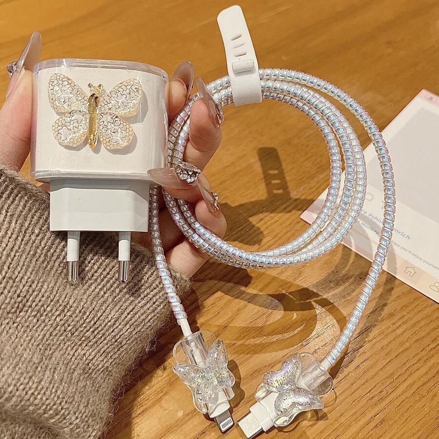 5 piezas Protector de carga minimalista con diseño de mariposa transparente, funda de cable, protector de cable de datos, estándar UE 20W