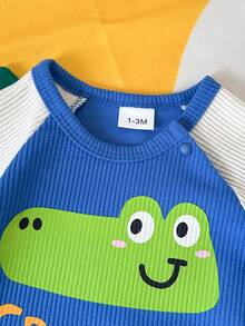时尚男婴服装，婴儿圆领鳄鱼纹宽松短袖时尚设计男婴连体衣 - 藍色 - 查看 3