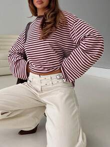 Casual Loose Striped Color Block T-Shirt Spring - Rusty Rose - View 2