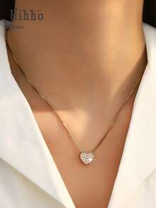 Hihho 1件双色立方氧化锆心形项链，甜美活力奢华风格，心形设计，镶嵌满钻，搭配精致链条，适合日常通勤、约会、度假和甜美装扮。 - 愛心 - 查看 4