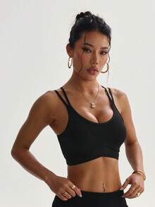 Sujetador deportivo sin costuras para mujer, de unicolor, con almohadillas extraíbles y espalda cruzada - Negro - Ver 6