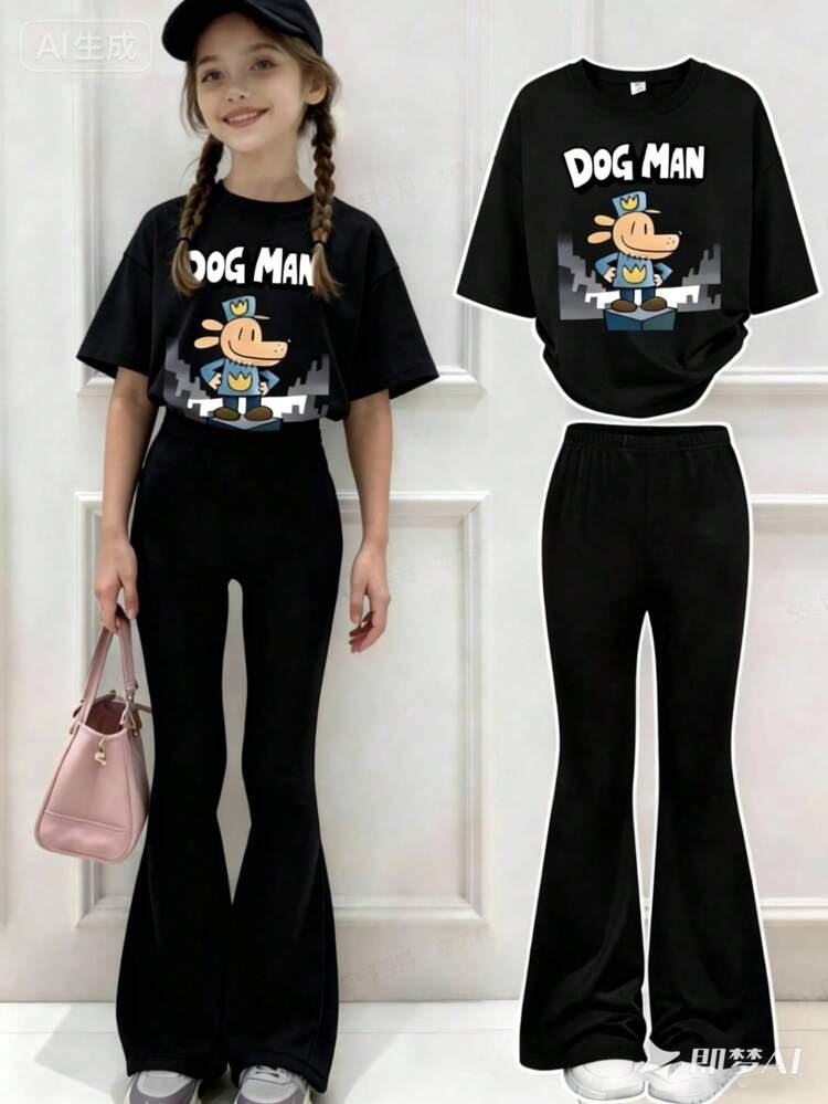 This Casual Set Features A Unique Animal Print Design, Specially Tailored For Young Girls. The Set Includes A Short Sleeve Round Neck T-Shirt And Mid-Waist Flare Pants. - Black - View 2