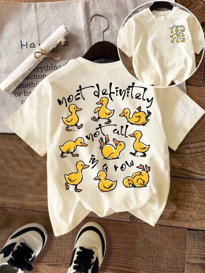 女士休闲加大码鸭子印花T恤，圆领短袖，高弹面料