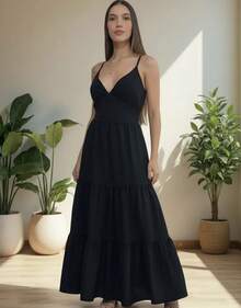 Women's Duna Ruffled Maxi Dress With Built-In Bra - Elegance, Lightness And Perfect Drape. - Negro - Ver 5