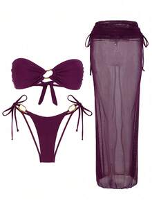 SwimNova Women's Bandeau Bikini Set With Sheer Sarong Pants, Elegant High Elasticity Beach Swimwear - Burgundy - View 3
