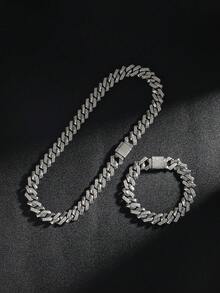 闪耀全钻链套装，银色奢华项链手链，配矩形吊坠 - 方塊吊墜三件組 - 查看 7