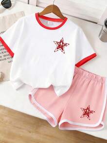 Girls' Round Neck T-Shirt & Shorts Set, Star Print Short Sleeve Tee & Shorts, Comfortable Minimalist Design, Suitable For Spring/Summer - Multicolor - View 2