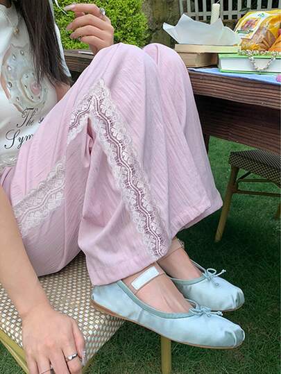 可爱甜美蕾丝边饰粉色休闲裤，轻盈宽松阔腿女裤，春夏款