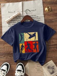 男童休闲印花圆领短袖T恤，夏季上衣 - 藏蓝色 - 查看 3