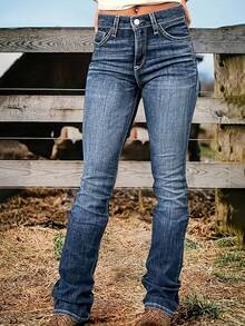 Plus-Size Women's Western Retro High-Waisted Flared Jeans With Exposed Stitching And Embroidery. Suitable For Everyday Wear, Office, Vacation, And Airport. Features Include Zipper And Button Pockets, Autumn/Winter Style, Distressed Finish, High-Waisted Flared Design, White Decorative Stitching, Retro Embroidery Pattern, Vintage Pockets, Floral Draped Flared Jeans, And A Classic High-Waisted, Slimming Denim Silhouette. - Medium Wash - View 2
