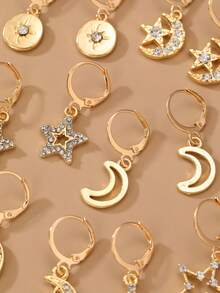 12pcs Fashionable & Elegant Star, Moon, Sun Rhinestone Pendant Earring Set, Suitable For Daily, Date, Festival, Party - Gold - View 4