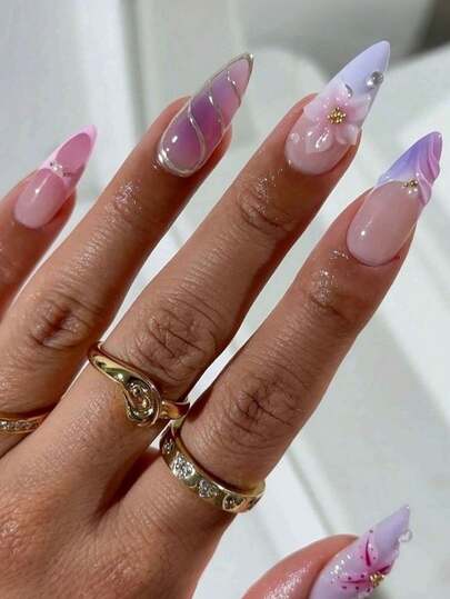 Three-Dimensional Flower-Patterned Striped Relief Design With Pearl Decoration For Nails 24 Pieces Of Nails Press On Nails Nail Supplies Nail Art Y2k Nails Fake Nail Purple Nails