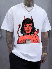 Figura de personaje con cuernos rojos y cola sosteniendo una taza de café transmite una actitud relajada y rebelde con aire misterioso y toque moderno para expresar individualidad y confianza camiseta de hombre casual cómoda para uso diario - Blanco - Ver 8