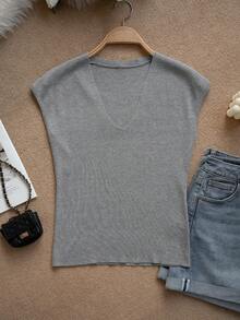 时尚V领无袖修身针织背心，女士夏季新品 - 灰色 - 查看 6