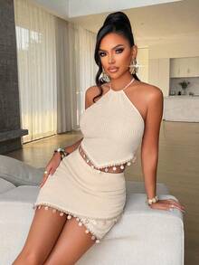 AIJ Amarilo Women's Apricot Solid Chic Elegant Halter Backless Lace-Up Shell Fringe Two Pieces Set Skirt Set Summer Spring Beach Vacation Party Night Out Festival Season Spring Break Summer Co-Ord Matching Set Mini Dress Alternative - Apricot - View 3