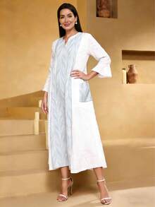 2026 New Style Ramadan Traditional Elegant Allover Print V-Neck Pocket Dress, Graceful Arabic Women Clothing JALABIA - White - View 9