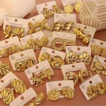 Juego de 24 piezas - (Estilos aleatorios) Pendientes de acero inoxidable chapados en oro, pendientes con forma de corazón/hoja/ala, diversos estilos, diseño elegante, juego de pendientes de acero inoxidable, regalo de pendientes perfecto para mujeres - Dorado - Ver 2