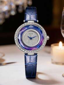 DOM 1pc Women's Luxury Watch, Purple-Blue Tone, Crystal Diamond Dial, Blue Leather Strap, Minimalist Design, Ideal Party Gift - Silver - View 1