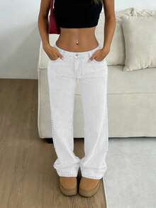 Europe And The United States Explosion Rivet Technology Simple Women's Denim Straight Pants, Fashion Wild Party Loose Denim Trousers, Party Commuting Daily Wear. - trắng - Xem 1