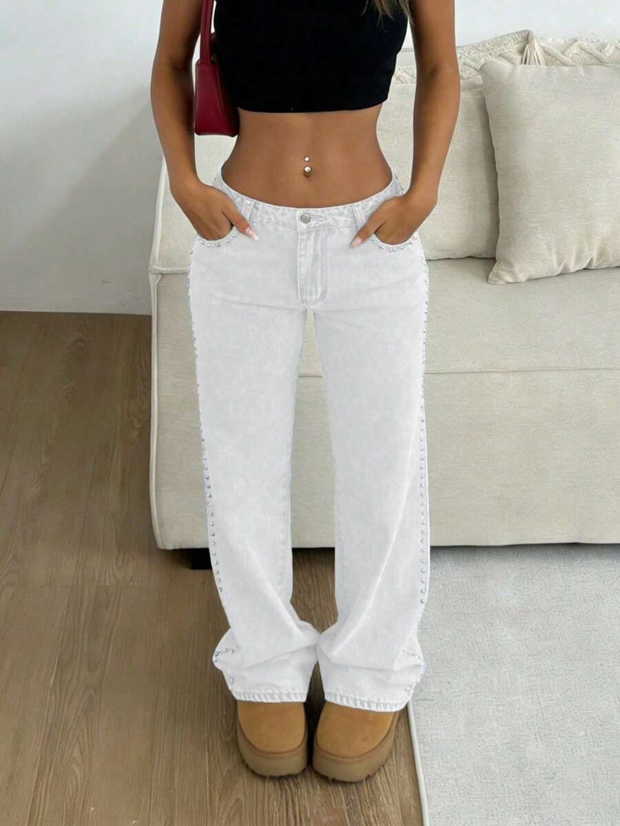 Europe And The United States Explosion Rivet Technology Simple Women's Denim Straight Pants, Fashion Wild Party Loose Denim Trousers, Party Commuting Daily Wear. - trắng - Xem 1