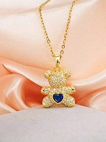 1pc Stainless Steel Heart-Shaped Bear Pendant Necklace, Creative Design, Cute & Minimalist, Vintage & Fashionable, Suitable For Thanksgiving, Christmas, Daily Wear, Party, Holiday, Affordable Gift Choice (OPP Bag Packaging Box For Shooting Only)