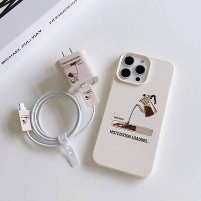 Juego de 5 en 1: Funda de teléfono con textura de cuero beige y estampado de barra de progreso de café + Cubierta del cargador + Protector de cable + Organizador de cable, Funda protectora a prueba de golpes de TPU para teléfonos Apple