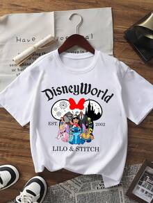 Disney World Lilo & Stitch Oversized Graphic T-Shirt, Disney World 2002 Anniversary Tee, Unisex Lilo & Stitch Cartoon Family Top - 白色 - 查看 1