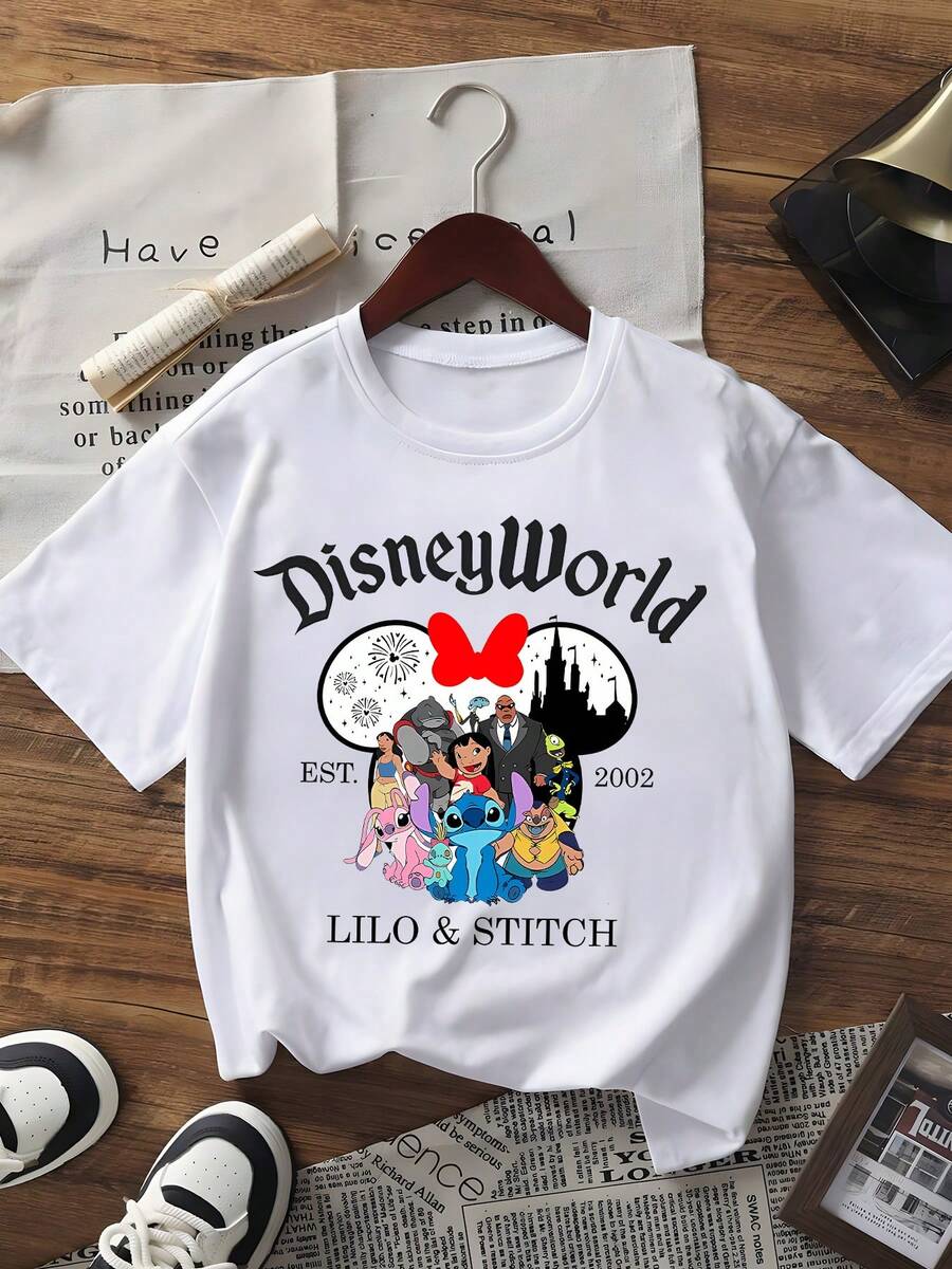 Disney World Lilo & Stitch Oversized Graphic T-Shirt, Disney World 2002 Anniversary Tee, Unisex Lilo & Stitch Cartoon Family Top - 白色 - 查看 1
