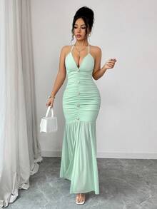 女士鼠尾草绿纯色优雅性感Y2K露背吊带深V领褶皱抽绳纽扣前襟透视网纱下摆美人鱼修身长裙，适合春夏派对、婚礼宾客、度假、海滩、舞会季、毕业季、节日季、春假等场合穿着。 - 豆綠色 - 查看 5