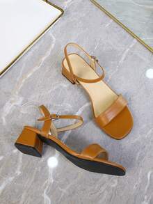 Wide Strap Buckle Chunky Heel Sandals, French Style Mid-Heel Sandals For Plus Size Women, Open Toe Ankle Strap Classic High Heel Fashionable Sandals - Khaki - View 5