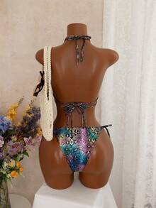 女士亮面蛇纹比基尼套装，夏季 - 彩色 - 查看 5