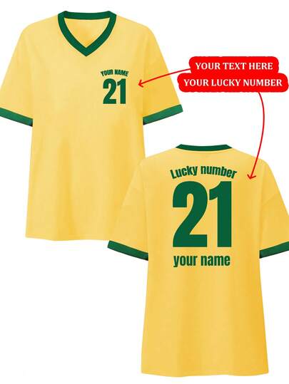 Blusa de mujer con cuello en V personalizada, camisa de contraste de color verde y amarillo, camisa personalizada divertida para el verano, se puede imprimir su logotipo/número de la suerte/jersey del equipo/agregar su texto/nombre/número/número del jugador favorito/fecha de aniversario/diseñe su propia camiseta impresa personalizada para fiestas, ver juegos con amigos