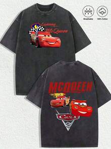 Disney-Car Mobilization Lightning McQueen T-Shirt Retro Distressed Washed Cartoon Printed Short Sleeved Shirt For Men And Women, Loose Half Sleeved Top For Couples - Black - View 3