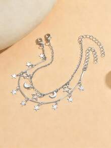 2pcs/Set Star & Moon Tassel Chain Bracelet, Fashionable Double-Layer Design, Suitable For Ramadan, Daily Wear, Dating, Photography. Handmade Chain Length And Tassel Quantity Are Random - Silver - View 3