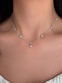 1 chiếc vòng cổ hình cỏ bốn lá may mắn bằng bạc Sterling S925, mặt dây chuyền hình hoa đính đá Cubic Zirconia cổ điển thanh lịch, dây chuyền kiểu INS ngọt ngào nữ tính, quà tặng cho phụ nữ. - cỏ bốn lá - Xem 4
