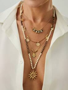 2件套波西米亚几何链条串珠亮片莲花火焰吊坠项链，奢华多层项链，适合婚礼、派对、度假、日常休闲、街拍，女士及情侣礼物 - 項鍊 - 查看 2