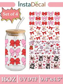 4件套法国斗牛犬蝴蝶结UV DTF转印贴纸，适用于16盎司Libbey玻璃杯（9.4x4.3英寸），可爱法斗犬泰迪熊红色粉色丝带防水包装纸，情人节DIY贴纸，无需加热 - Valentine 002 - 查看 9