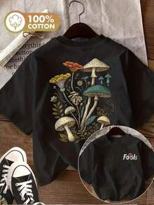 Women's T-Shirt With Mushroom And Flower Print, Casual Style For Summer & Spring - Black - View 1
