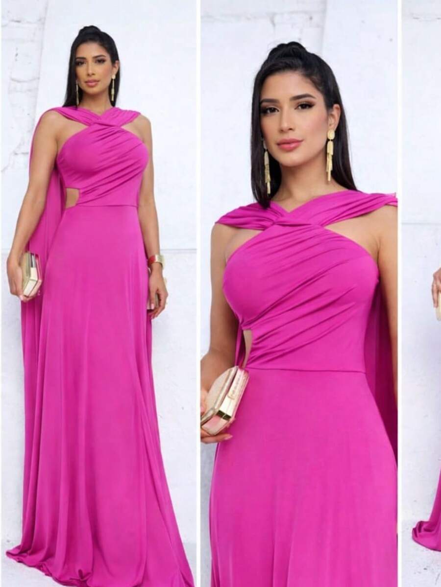 Elegant Long Party Dress With Shaping Cups | Premium Flowy Wedding/Graduation Bridesmaid Dress, One Size Fits 38 To 44, Casual, Party/Beach - 玫紅色 - 查看 1