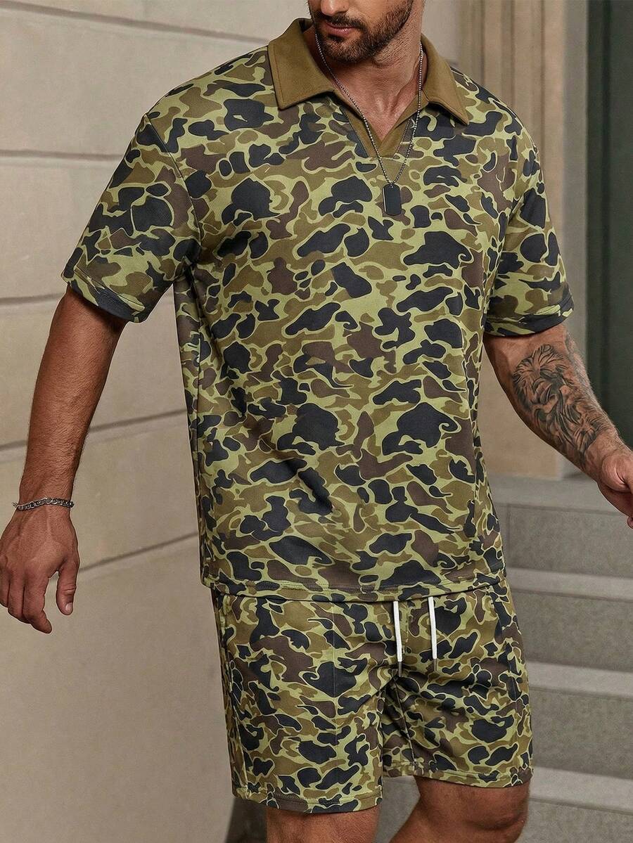 男士时尚迷彩短袖Polo衫套装，夏季 - 軍綠色 - 查看 1