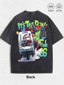 Disney-Zootopia Judnik T-Shirt From Zootopia, A Crazy Animal City, Retro Distressed Washed Cartoon Printed Short Sleeved Shirt For Men And Women, Loose Half Sleeved Top For Couples - 黑色 - 查看 4