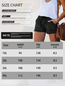Plus Size Women Pocketed Frayed Hem Casual Loose Denim Shorts Black Summer - Black - View 7