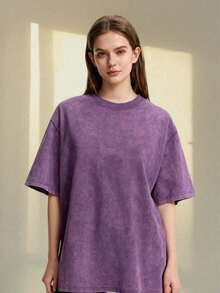 Women's Casual Purple Washed Cotton T-Shirt, Short Sleeve Drop Shoulder Round Neck Long Tee For Everyday Comfort - 紫色 - 查看 1
