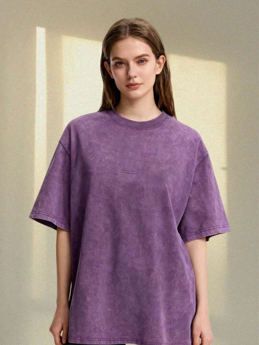 Women's Casual Purple Washed Cotton T-Shirt, Short Sleeve Drop Shoulder Round Neck Long Tee For Everyday Comfort - 紫色 - 查看 1