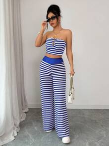 Women's Blue Striped Elegant Casual Sexy Strapless Bandeau Notch Neck Crop Top High Waisted Wide Leg Pants Two Pieces Set Summer Spring Beach Vacation Spring Break Co-Ord Sets - Blue - View 1